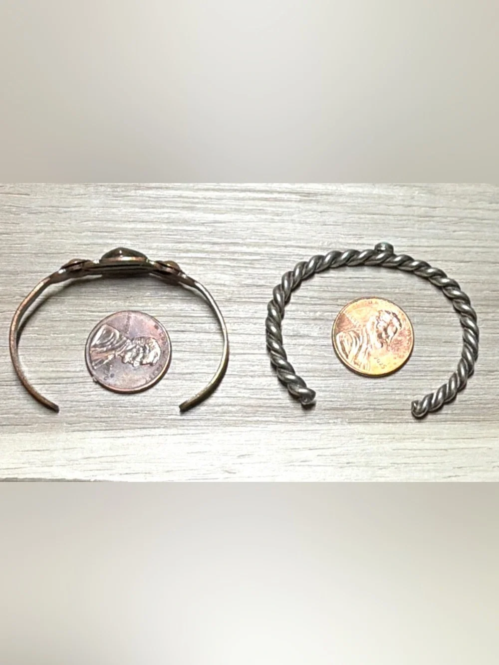 2 Native American Small Turquoise Silver & Copper Cuff Bracelets, Child Size